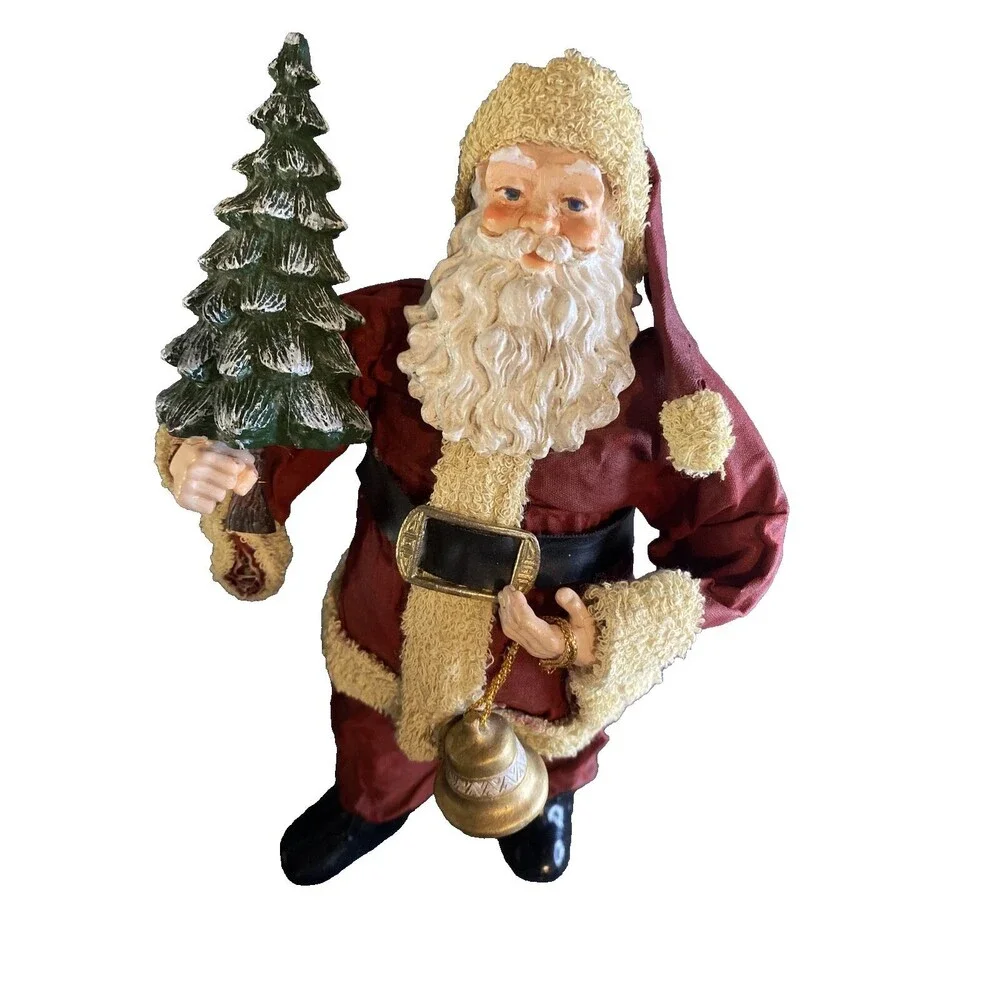 Clothtique Santa Claus Holiday Figure Holding Christmas Tree And Bell 10” Tall